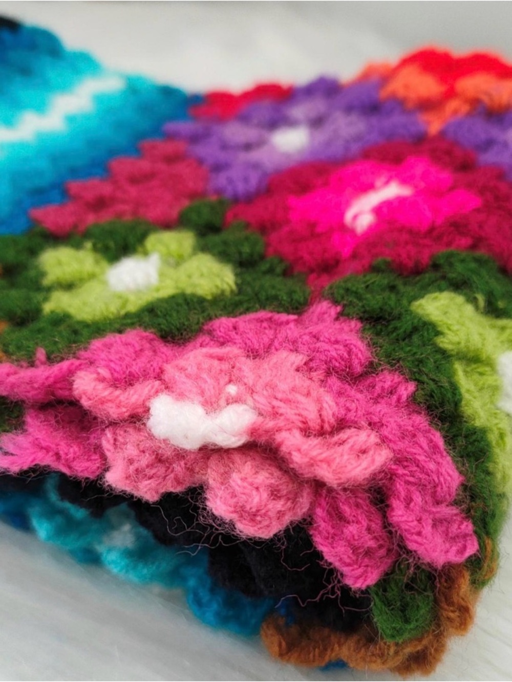 Peruvian Handmade Pink & Multicolor Crochet Floral Scarf Wrap